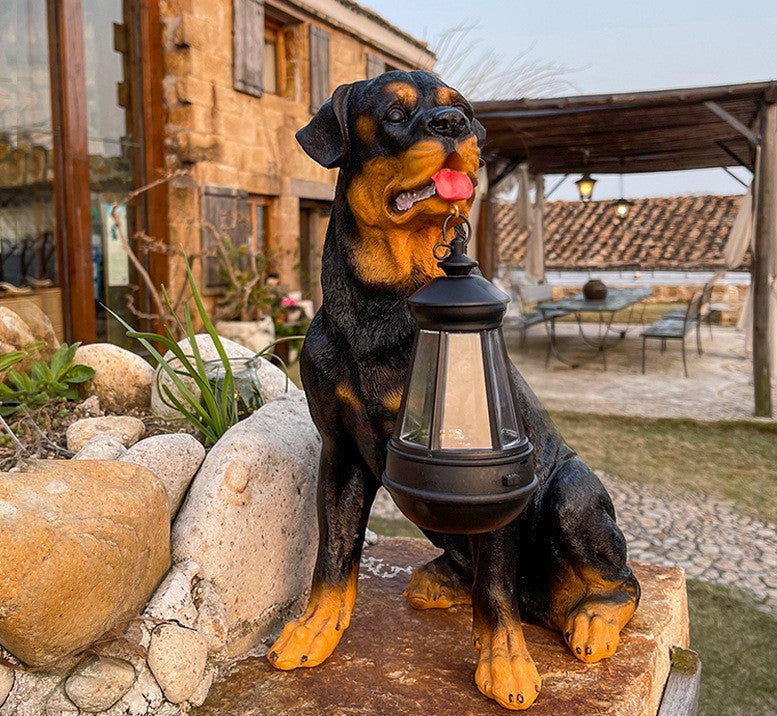 Hundestatue med sollys og LED-lanterne – Dekorasjon og lys