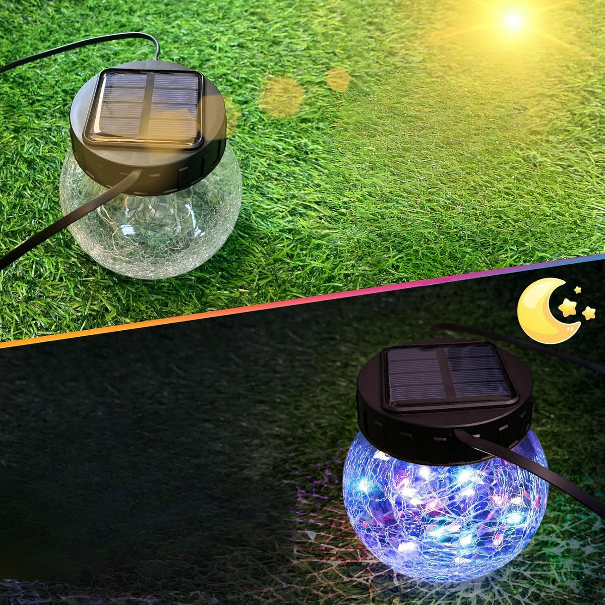 Linterna Solar Suspendida — Elegancia en Vidrio Craquelado 