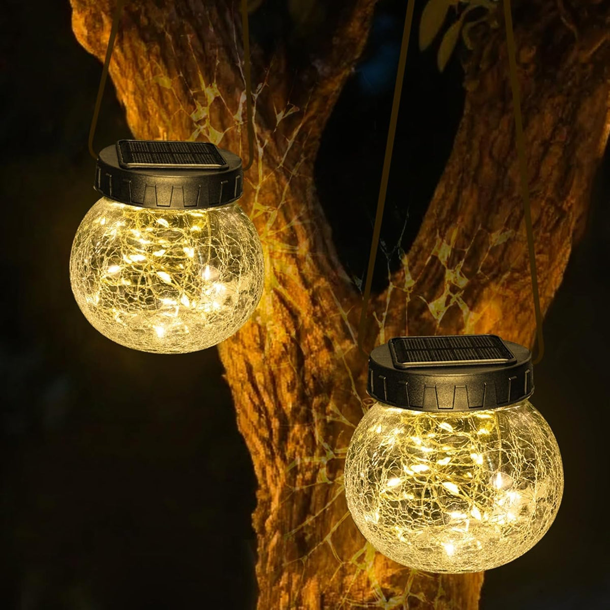 Linterna Solar Suspendida — Elegancia en Vidrio Craquelado 